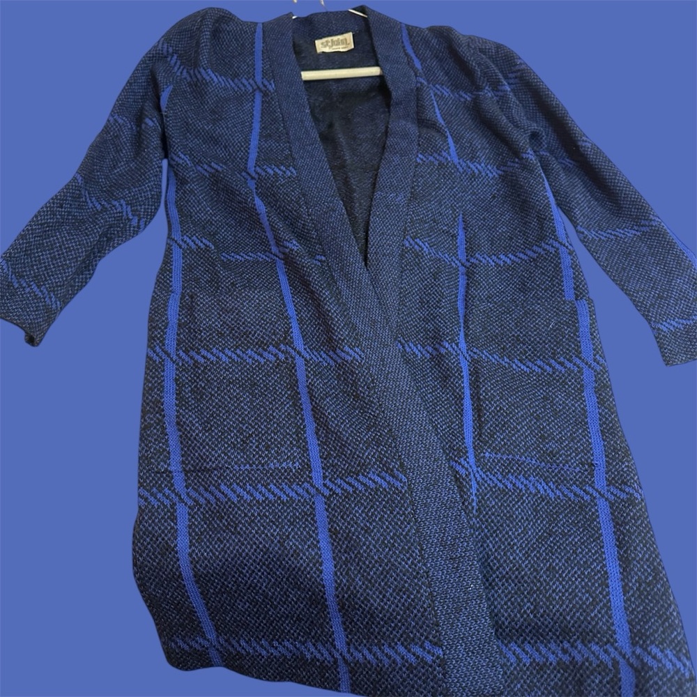 St. John, Navy and Black Plaid Cardigan, Luxury, sweater, Couture, Blue, Sz M